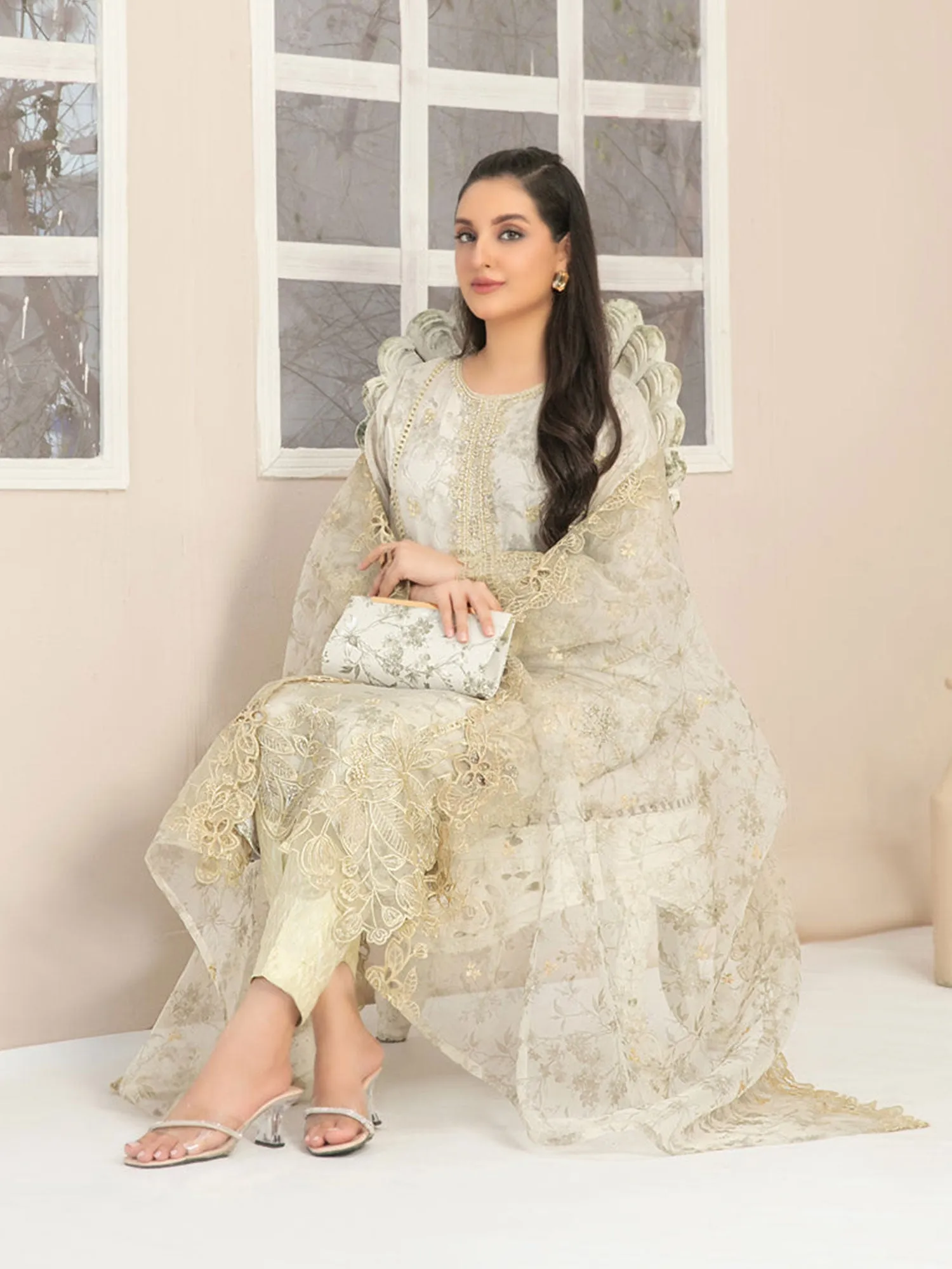 Tawakkal "Jahira" Embroidered Organza Suit (D3363) - Cream