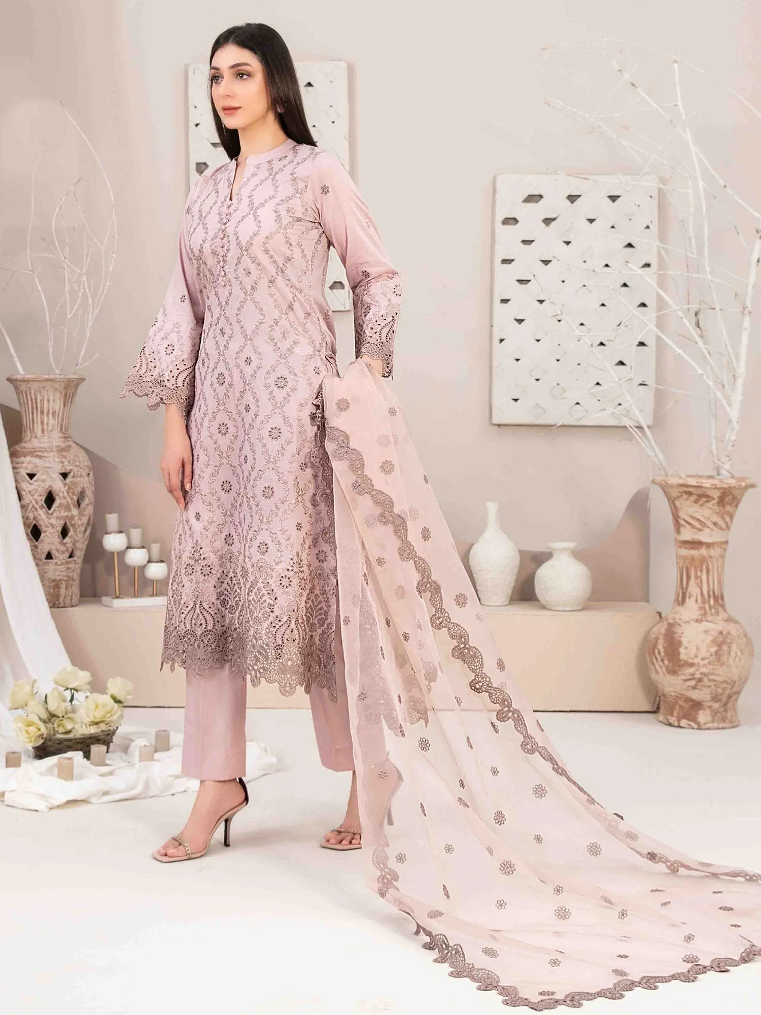 Tawakkal "Mehri" Fancy Embroidered Lawn Suit (D3072) - Dusky Pink