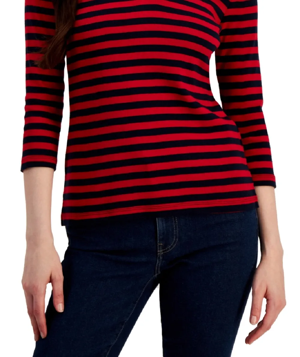 Tommy Hilfiger Women's Striped Cotton Johnny Collar Polo Top Red