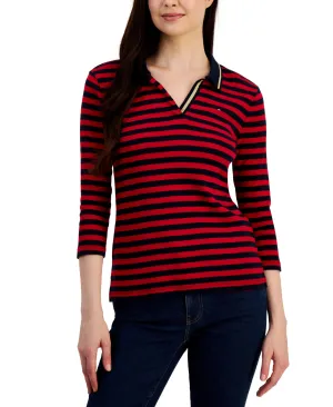 Tommy Hilfiger Women's Striped Cotton Johnny Collar Polo Top Red