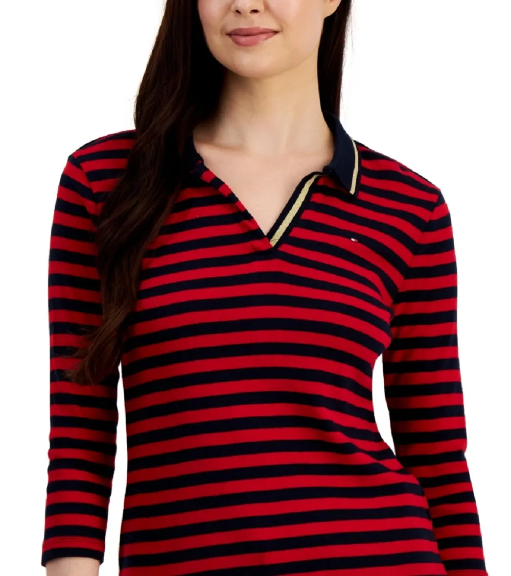 Tommy Hilfiger Women's Striped Cotton Johnny Collar Polo Top Red