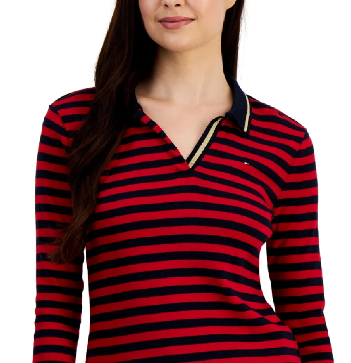 Tommy Hilfiger Women's Striped Cotton Johnny Collar Polo Top Red