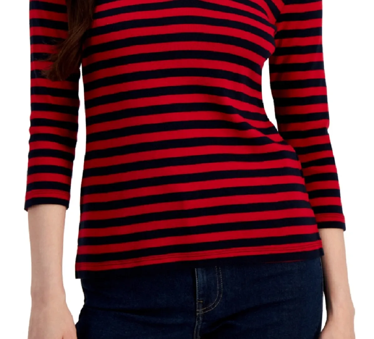 Tommy Hilfiger Women's Striped Cotton Johnny Collar Polo Top Red