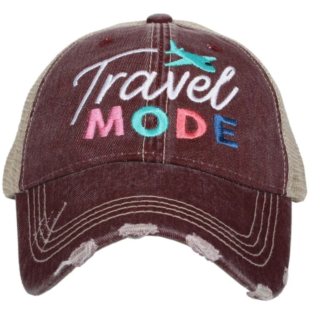 Travel hats TRAVEL MODE Embroidered distressed womens unisex trucker caps Airplane Trips Gray pink wine teal