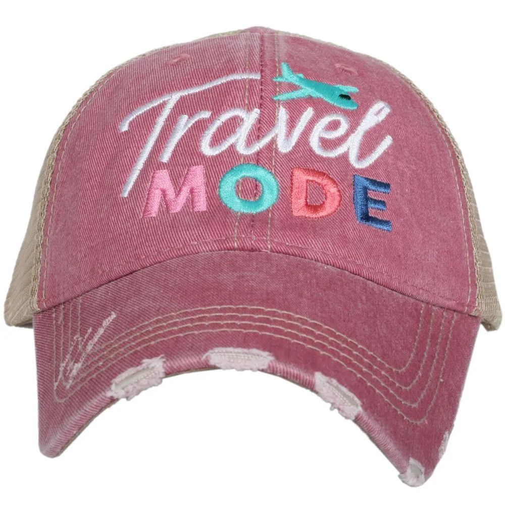 Travel hats TRAVEL MODE Embroidered distressed womens unisex trucker caps Airplane Trips Gray pink wine teal