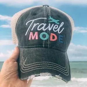 Travel hats TRAVEL MODE Embroidered distressed womens unisex trucker caps Airplane Trips Gray pink wine teal