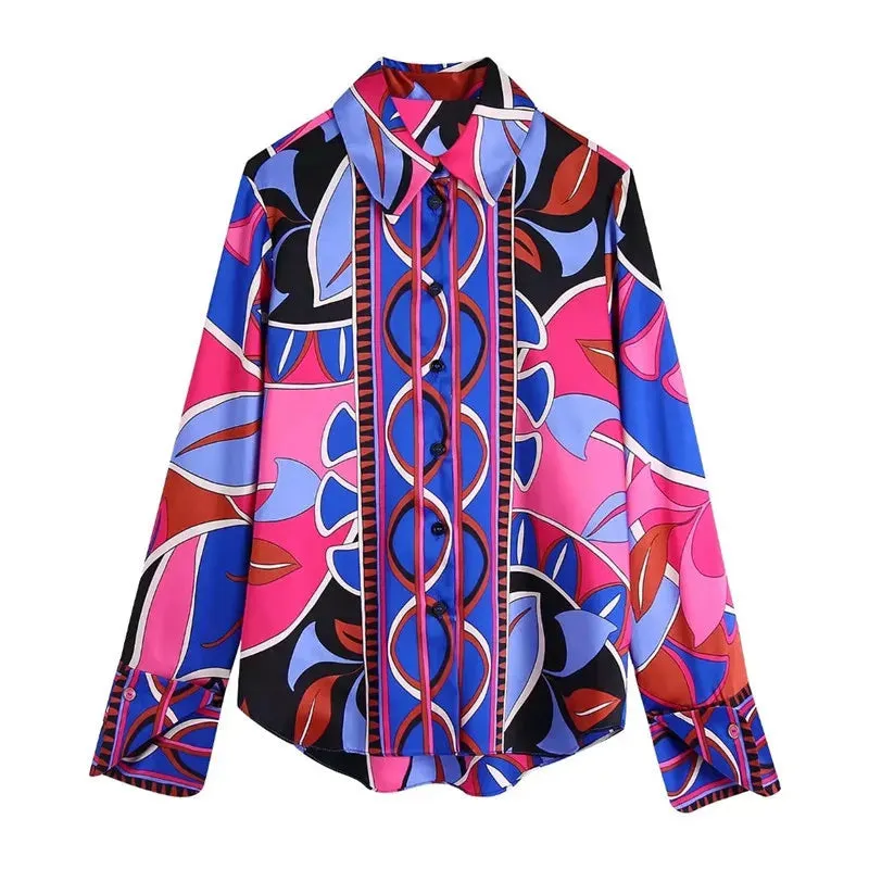 Women's Blouses Shirts TRAF Print Button Up Shirt Women Vintage Long Sleeve Top Female Streetwear Collared Shirt Woman Summer Elegant Blouses 230803