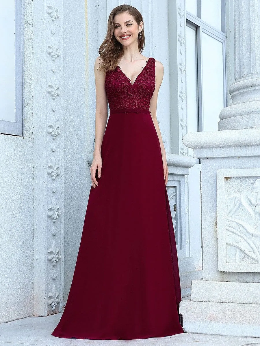 Women's Floor Length A-Line Evening Dress with Appliqued Bust