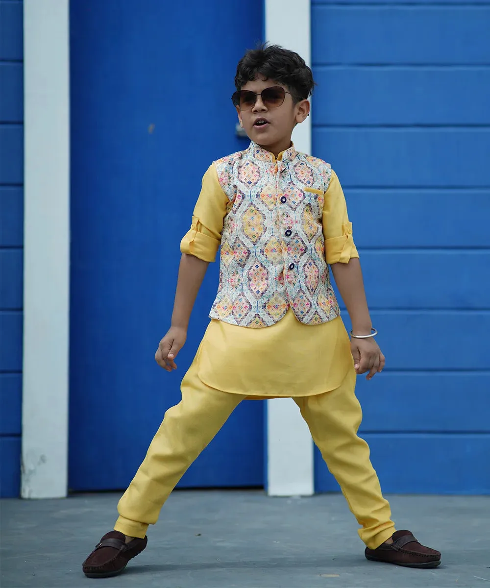 Yellow Colored Kurta Pyjama Set with Printed Waist Coat for Boys