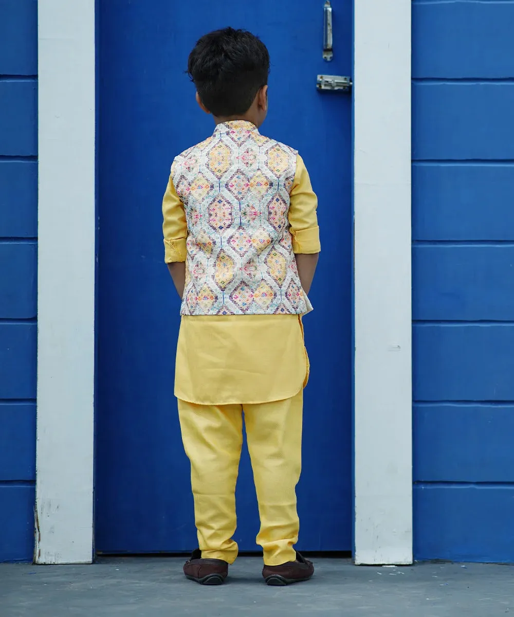 Yellow Colored Kurta Pyjama Set with Printed Waist Coat for Boys