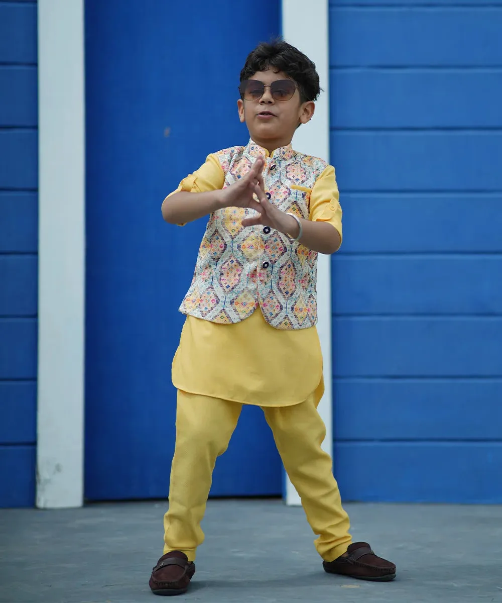 Yellow Colored Kurta Pyjama Set with Printed Waist Coat for Boys