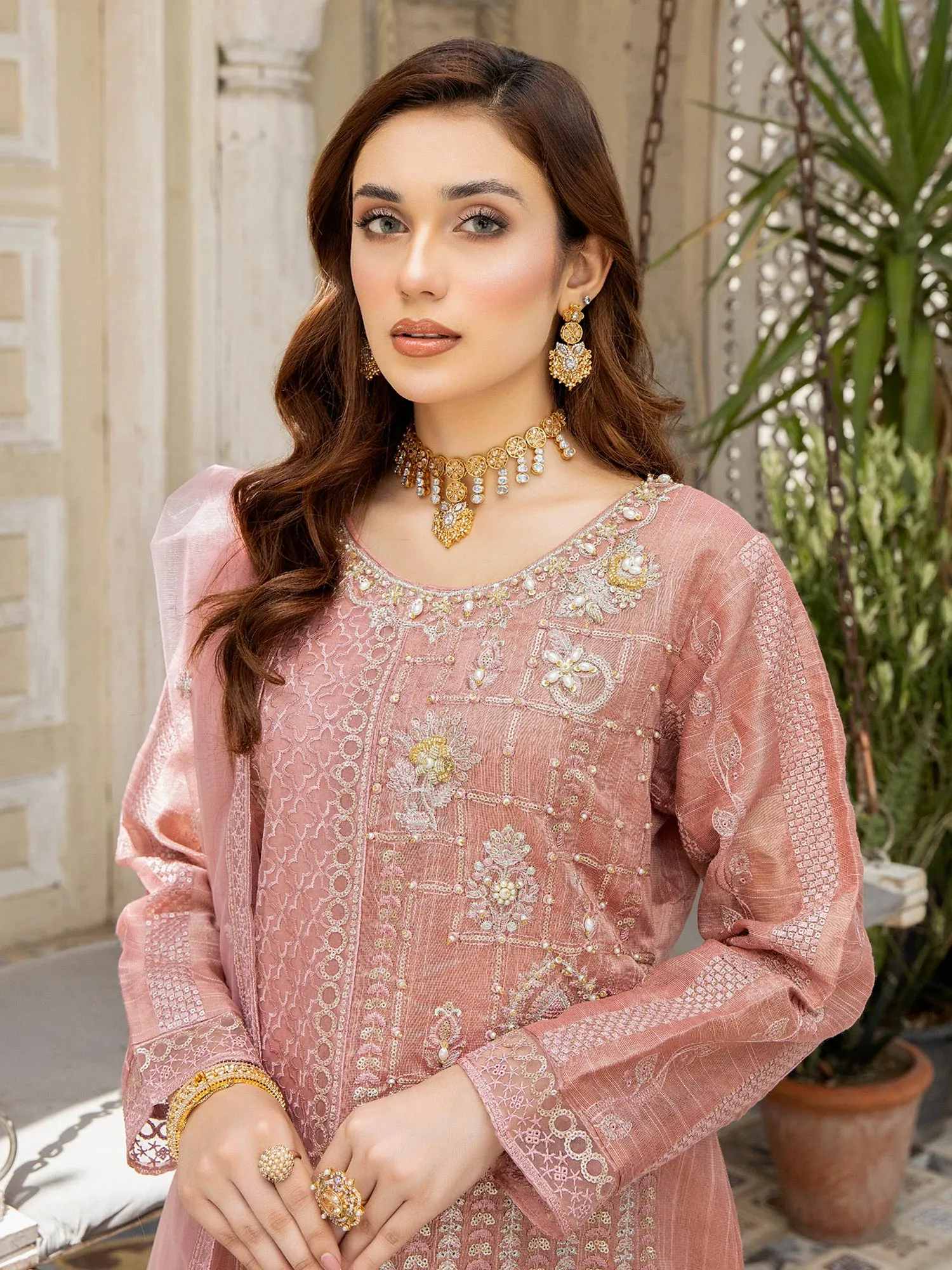 Zarqun "Virsa" Pink Fancy Embellished Net Suit (2314B)