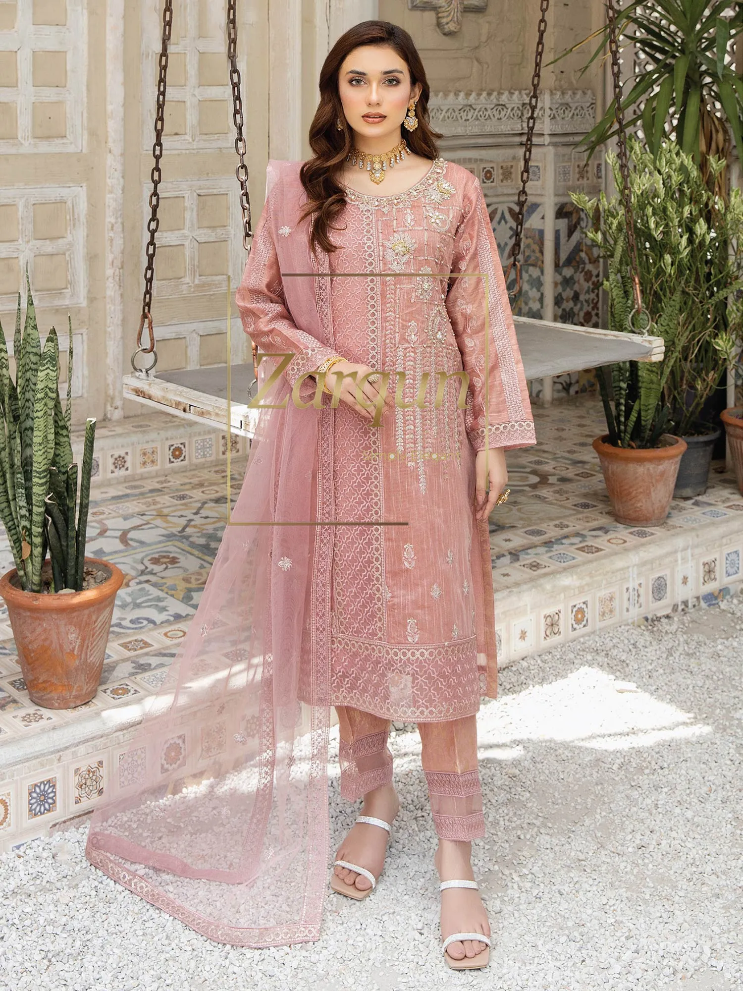 Zarqun "Virsa" Pink Fancy Embellished Net Suit (2314B)